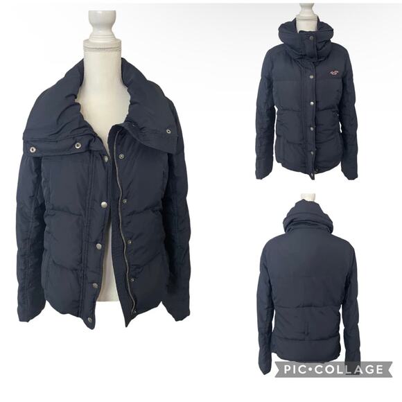 Hollister Women Navy Blue Winter Puffer Coat Jacket Plaid Lining SZ Large - EUC - Picture 1 of 14
